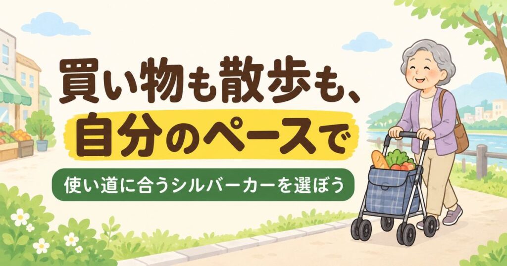 シルバーカーを押して買い物と散歩を楽しむ高齢者