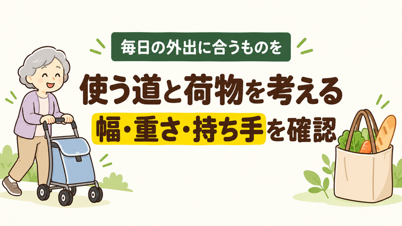 高齢者向けシルバーカーを選ぶときに使う道・荷物・幅・重さ・持ち手を確認するサムネイル