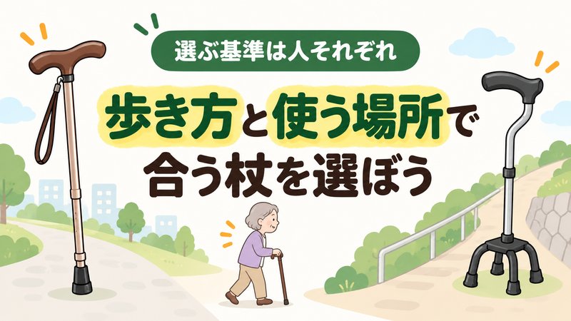 高齢者向けの杖を歩き方と使う場所に合わせて選ぶイラスト