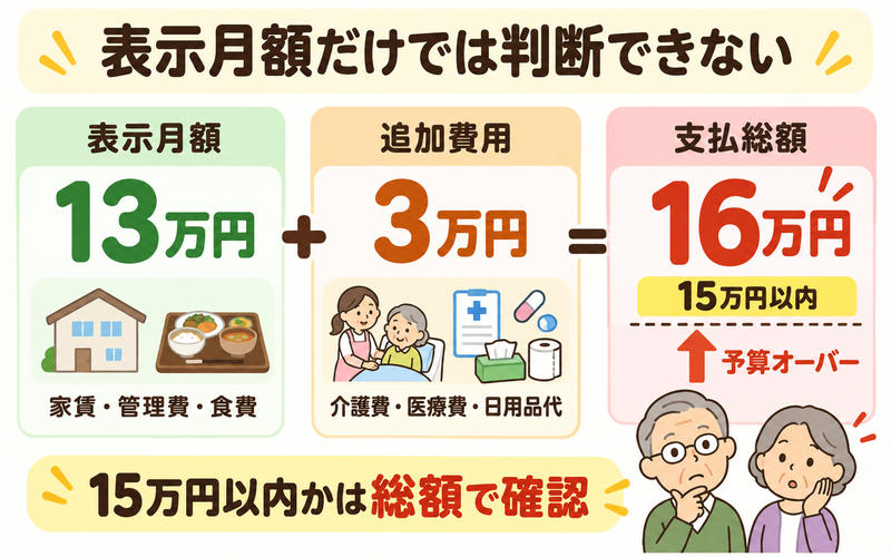 老人ホームの表示月額13万円に追加費用3万円がかかり支払総額16万円となる図解