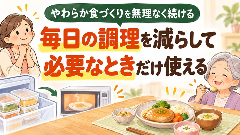 高齢者向けのやわらかい食事を冷凍保存し、必要なときだけ電子レンジで使うイラスト