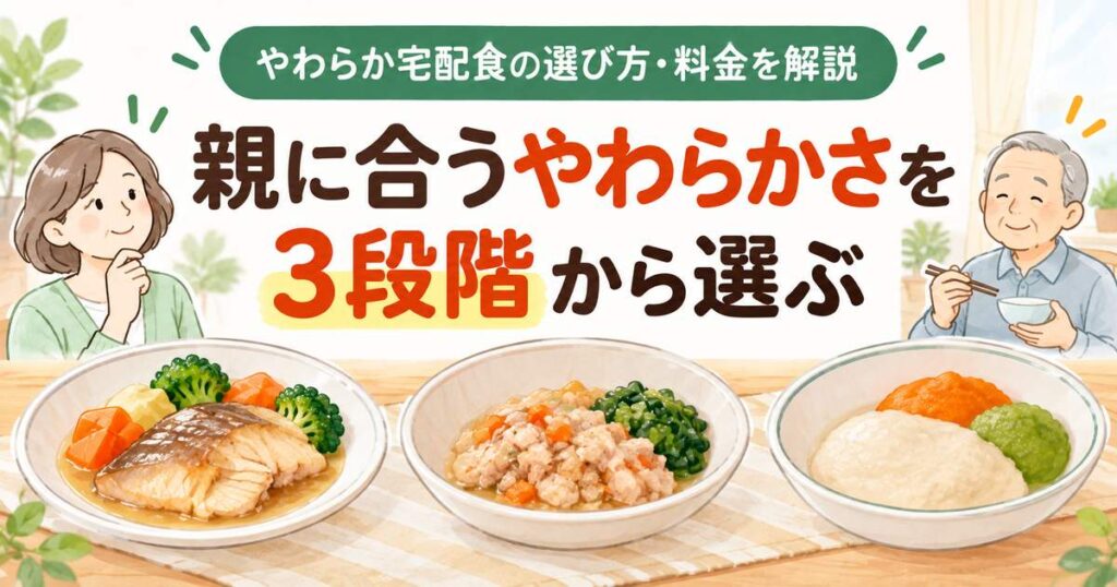 ウェルネスダイニングやわらか宅配食の3段階の違いと選び方を示すイラスト