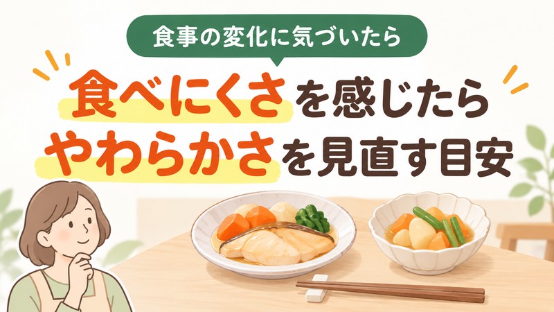 高齢者の食事の変化と、やわらかさを見直す目安を示すイラスト