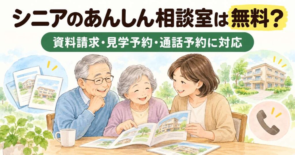 シニアのあんしん相談室の資料請求・見学予約・通話予約を紹介するアイキャッチ。高齢の夫婦と娘が老人ホームの資料を見ながら相談している水彩風イラスト