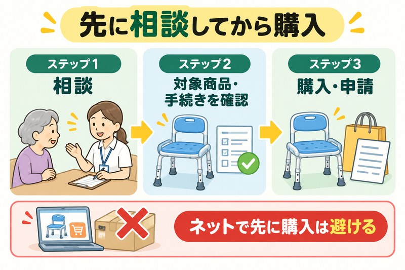 高齢者向け風呂椅子を介護保険で購入する前に相談する流れの図