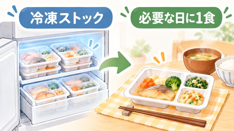 高齢者向けのやわらかい食事を冷凍ストックし、必要な日に1食使うイラスト