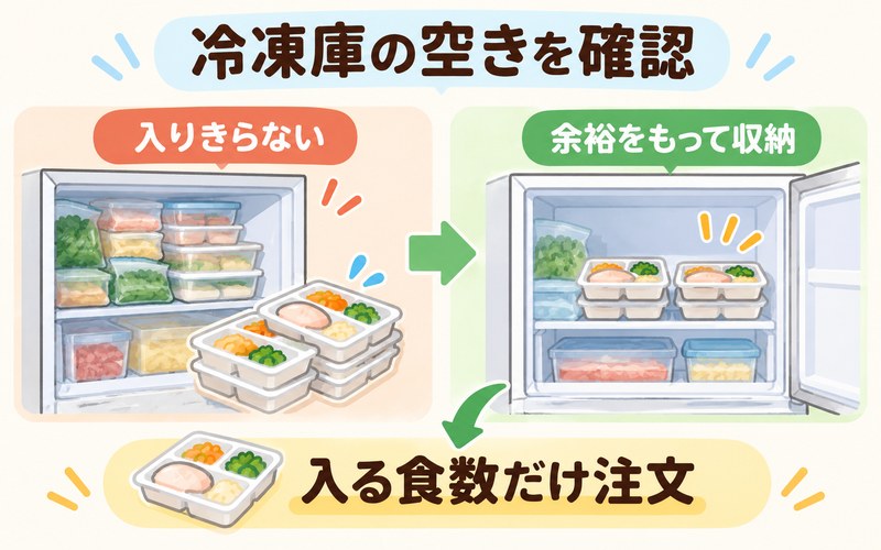 離れて暮らす親へやわらか食を送る前に冷凍庫の空き容量を確認する図