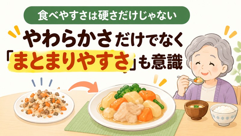 噛みにくい高齢者向けにやわらかさとまとまりやすさを工夫した食事のイラスト