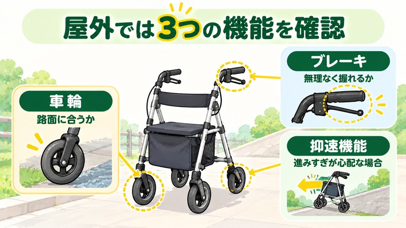 高齢者向け歩行車を屋外で使う際に車輪・ブレーキ・抑速機能を確認するポイントを示した図