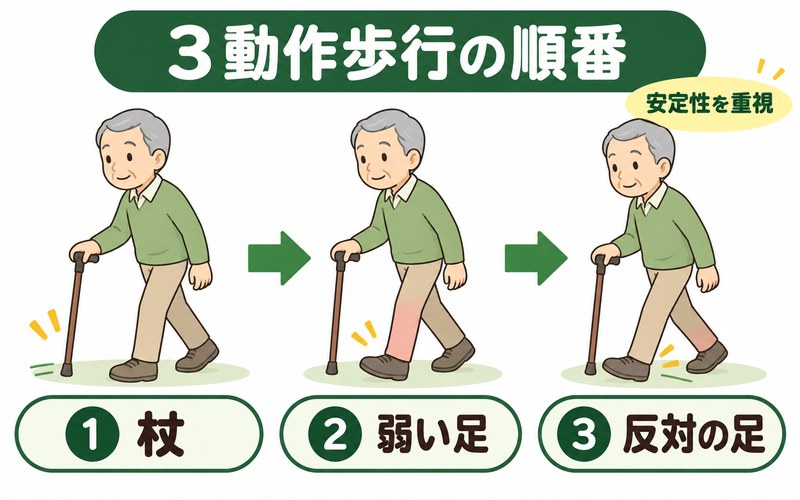 高齢者の3動作歩行で杖、弱い足、反対の足の順に進む図解