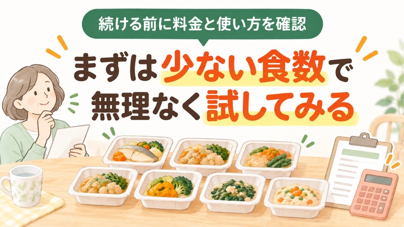 高齢者向けのやわらかい食事を少ない食数から試すイラスト