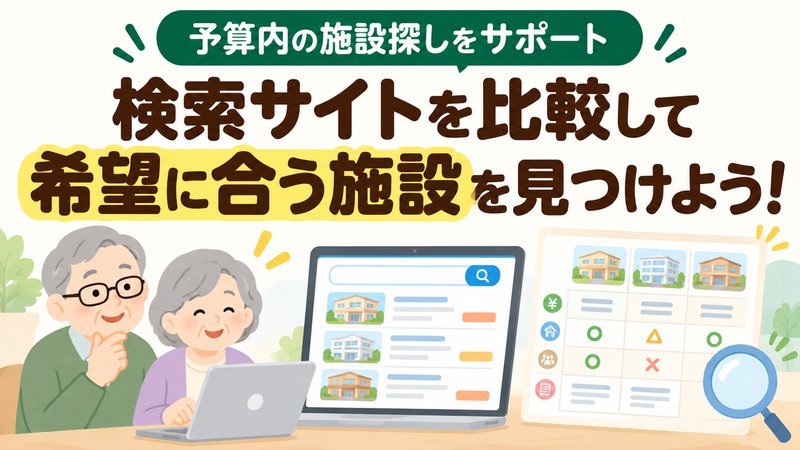 月15万円以内の老人ホームを検索サイトで比較する高齢者と施設検索画面のイラスト