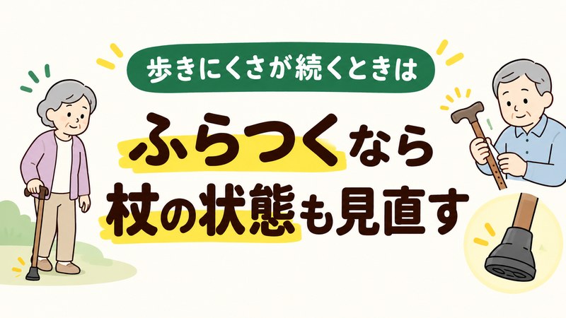 高齢者が杖を使ってもふらつくときに杖の状態を見直すイラスト