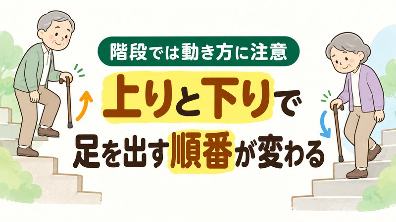 高齢者が杖を使って階段を上り下りする際の順番を示すイラスト
