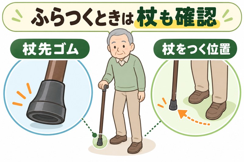高齢者が杖を使ってふらつくときに杖先ゴムと杖をつく位置を確認する図解