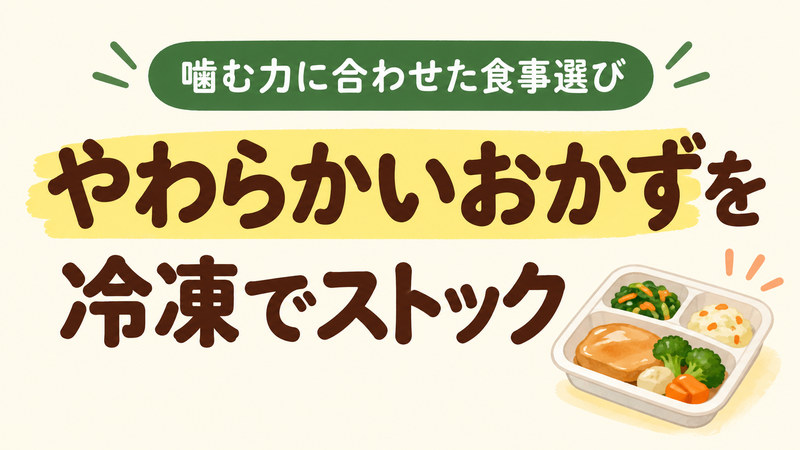 歯ぐきでつぶせる冷凍おかずの紹介。やわらかいおかずを冷凍でストックすることを示したイラスト。