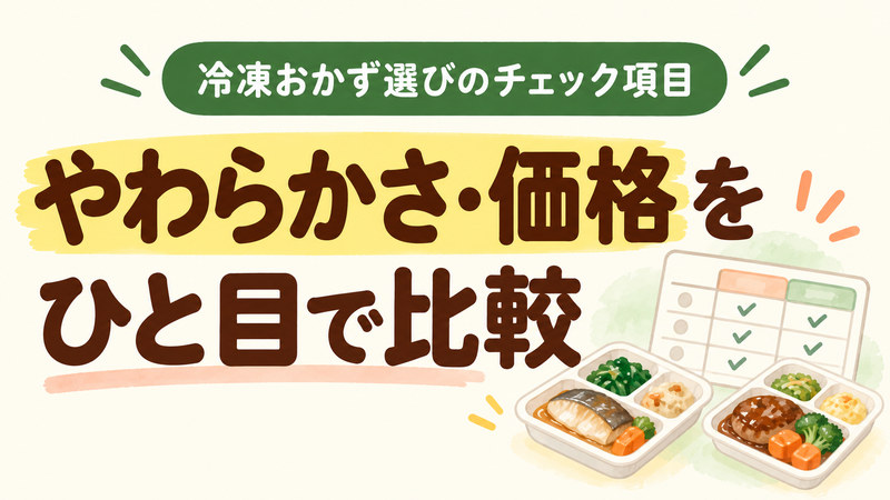歯ぐきでつぶせる冷凍おかずのやわらかさと価格を比較する見出し画像。2種類のおかずと比較表のイラスト。