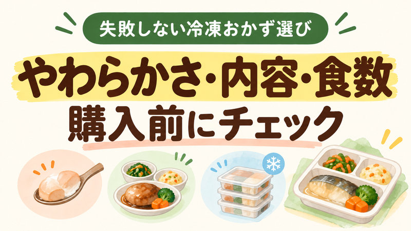 歯ぐきでつぶせる冷凍おかずを選ぶ際のやわらかさ・内容・食数を示すイラスト