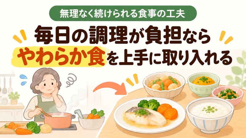 高齢者の食事づくりの負担を減らすためにやわらか食を取り入れるイラスト