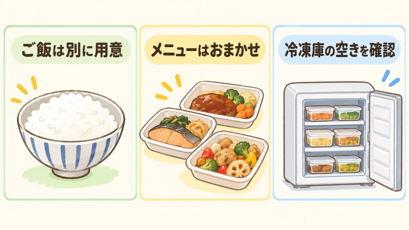 やわらか宅配食の注文前に、ご飯・メニュー・冷凍庫を確認するポイントを示す図解