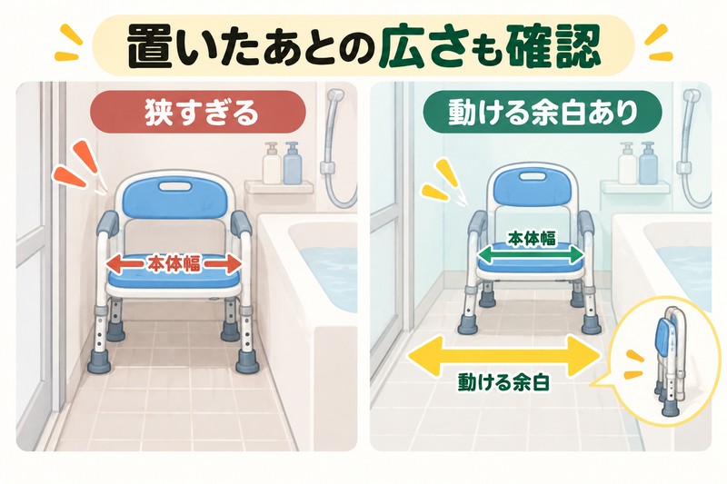 高齢者向け風呂椅子の本体幅と浴室で動ける余白を比較する図