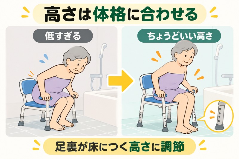 高齢者向け風呂椅子の座面を体格に合う高さへ調節する図