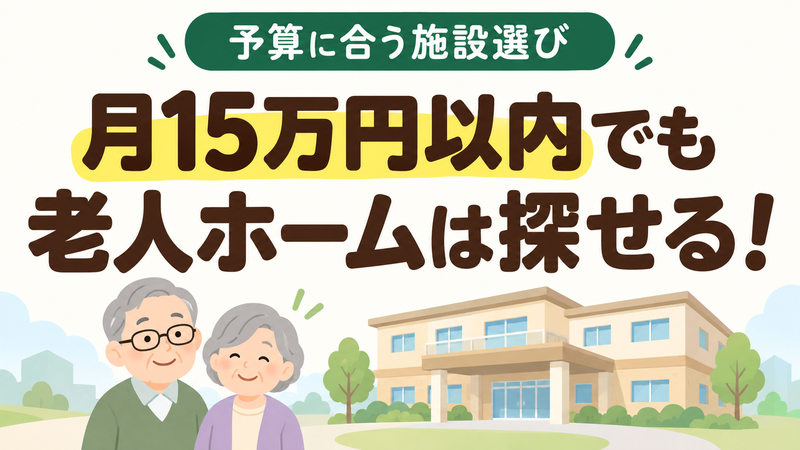 月15万円以内の老人ホームを探す高齢夫婦と施設のイラスト