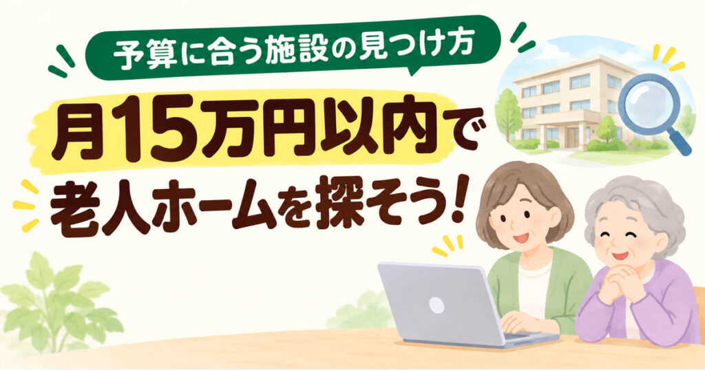 月15万円以内の老人ホームをパソコンで探す家族のイラスト
