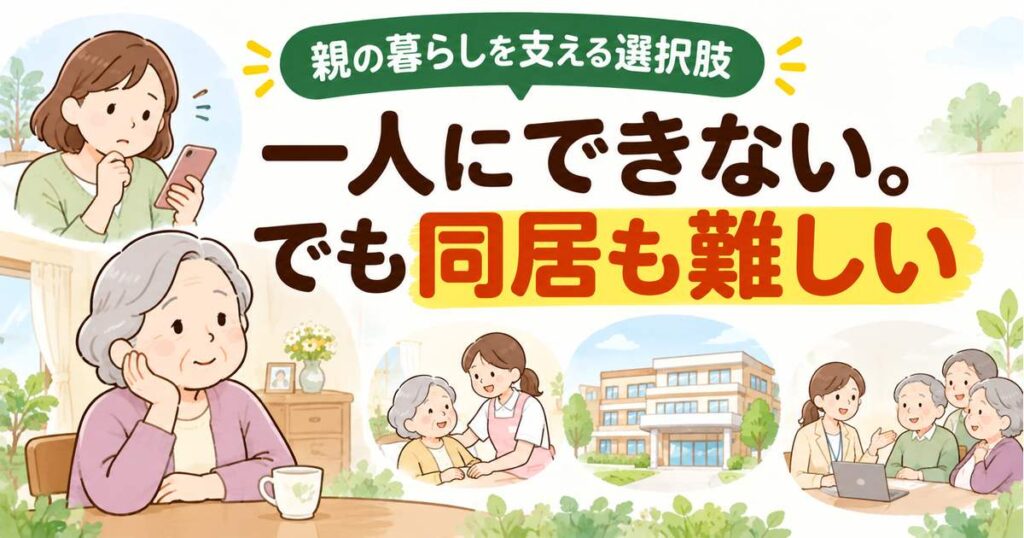 親が一人で暮らせなくなり同居できない家族が、訪問介護や介護施設、相談先を検討するイラスト