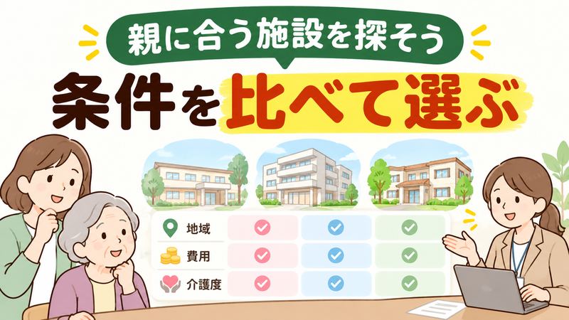 親の介護施設を地域・費用・介護度で比較する家族と相談員のイラスト