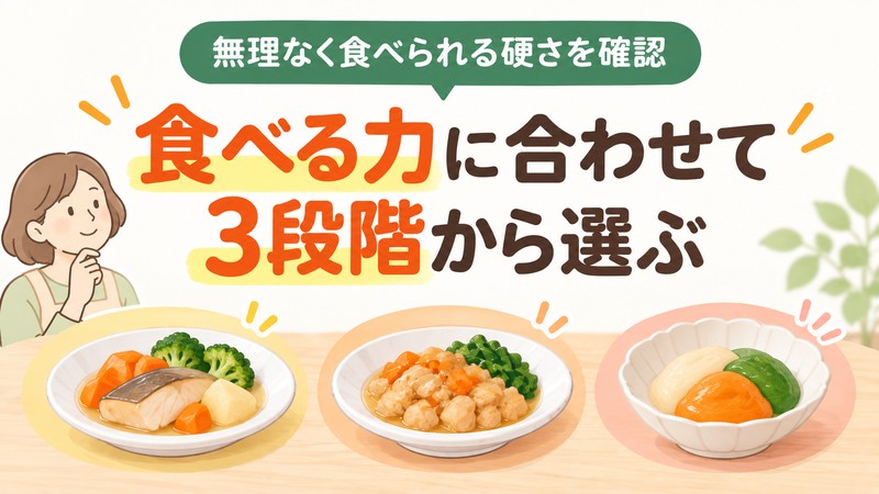 高齢者の食べる力に合わせて食事のやわらかさを3段階から選ぶイラスト