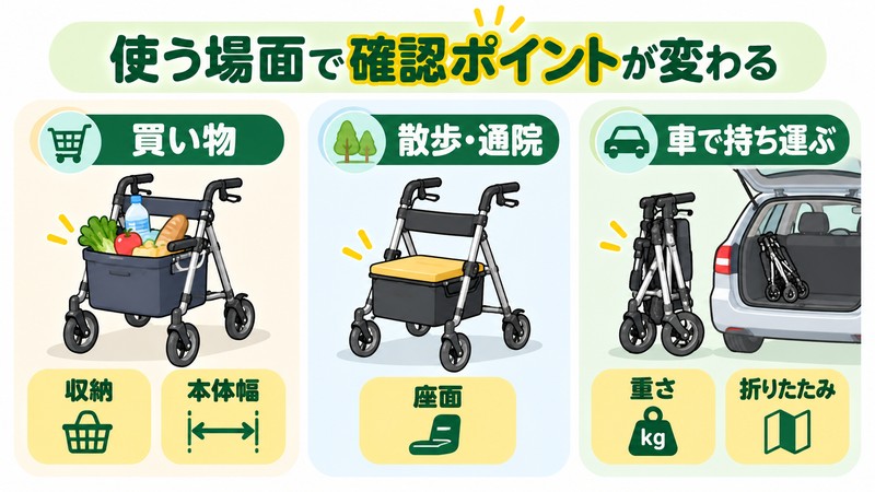 高齢者向け歩行車を買い物・散歩・車で使う場面ごとに確認するポイントを示した図