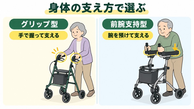 高齢者向け歩行車のグリップ型と前腕支持型の身体の支え方を比較した図