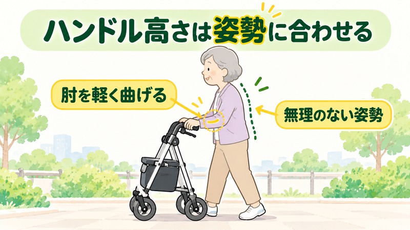 高齢者向け歩行車のハンドル高さを姿勢に合わせる目安を示した図