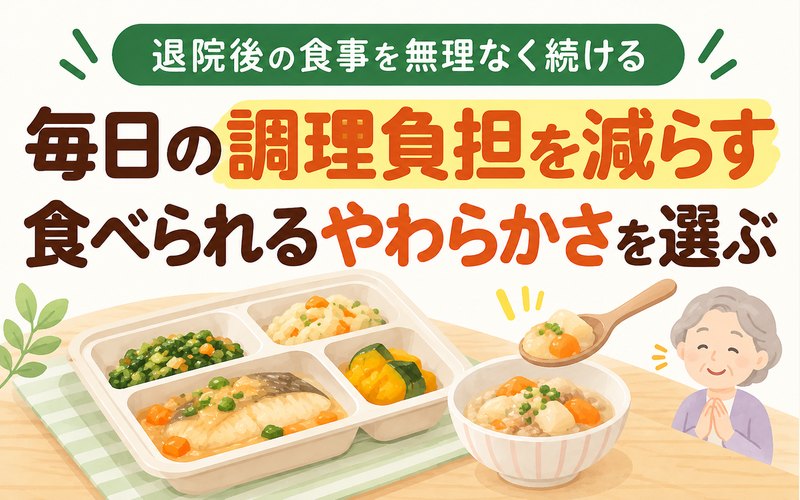 退院後の食事づくりの負担を減らし、やわらかさを選ぶ宅配食のイラスト