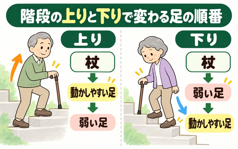 高齢者が杖で階段を上り下りするときの足を出す順番を比較した図解
