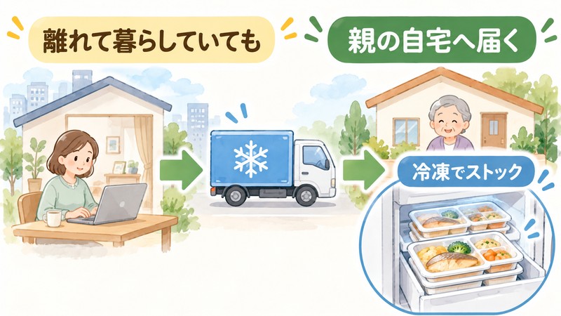 離れて暮らす高齢の親の自宅へ冷凍の食事を届けて保存する流れを示すイラスト