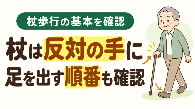 高齢者の杖歩行で持つ手と足を出す順番を示すイラスト