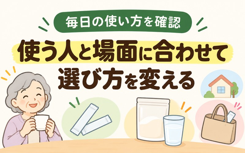 高齢者向けとろみ剤を使う人や場面に合わせて選ぶポイントを示したイラスト