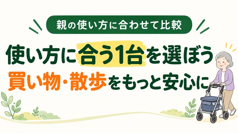 歩行車を押す高齢女性と、使い方に合う1台を選ぶポイントを示した図