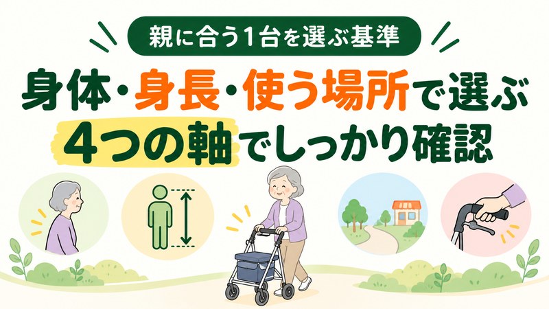 高齢者向け歩行車を選ぶ際に身体・身長・使用場所・ブレーキ操作を確認する図